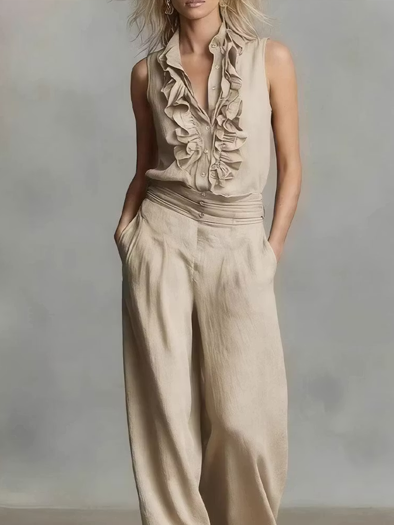 Conjunto Sin Mangas con volante y pierna ancha - Beige