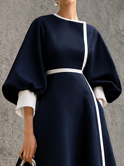 Vestido Midi Elegante Azul Marino con cintura marcada y corte en A - Azul Marino