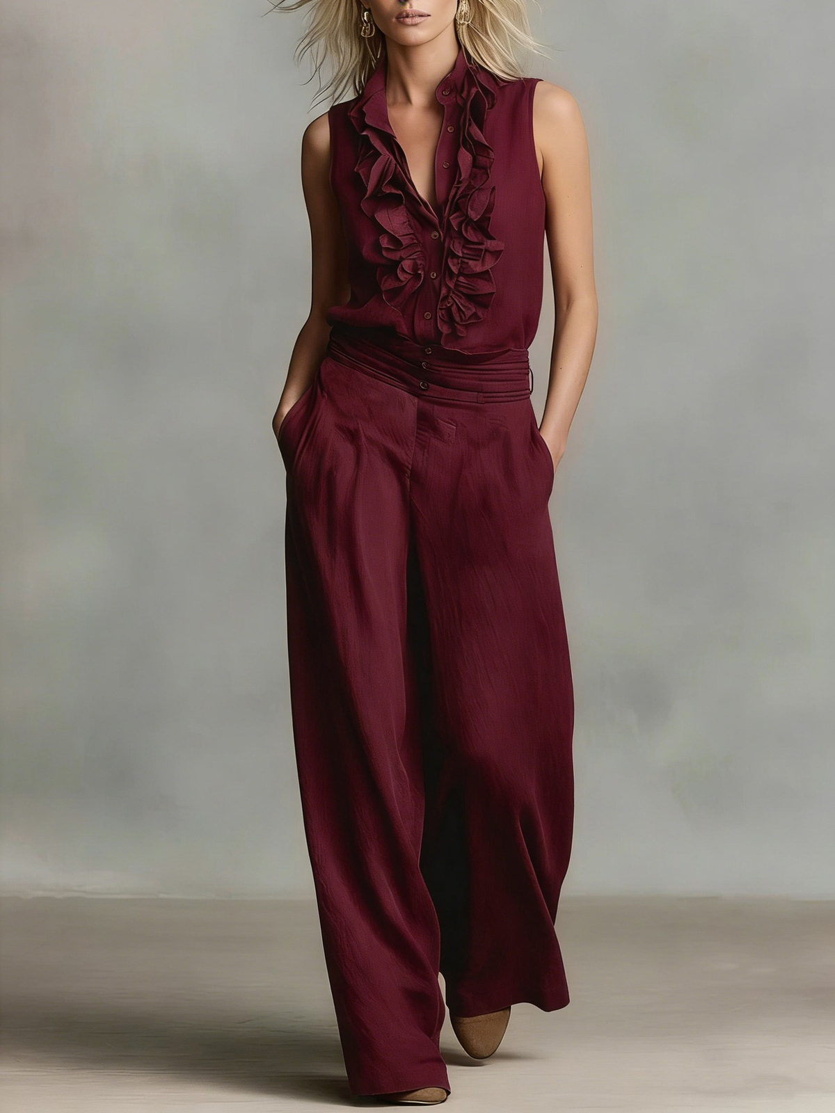 Conjunto Sin Mangas con volante y pierna ancha - Blanco