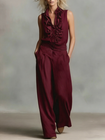 Conjunto Sin Mangas con volante y pierna ancha - Blanco