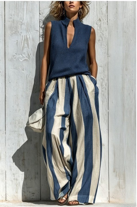 Conjunto Casual Sin Mangas con a rayas - Caqui