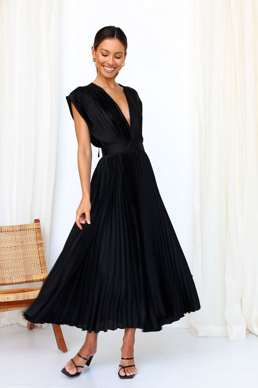 Vestido Midi Elegante con satén, plisado, escote en V y caída fluida - Rosa
