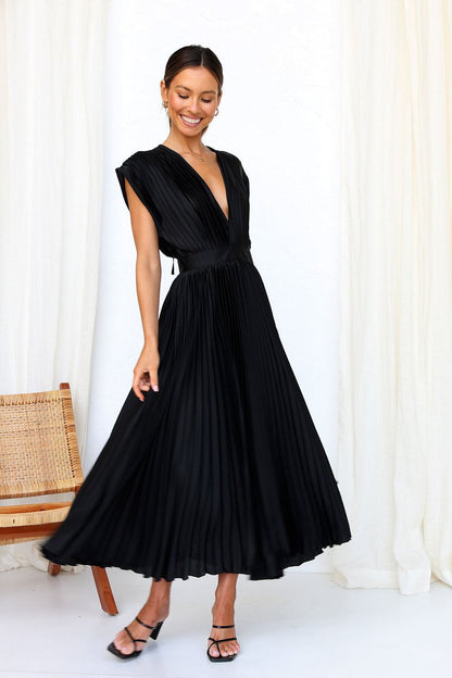 Vestido Midi Elegante con satén, plisado, escote en V y caída fluida - Rosa
