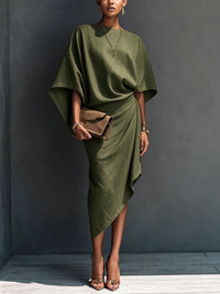 Vestido Midi Manga Corta con drapeado y corte asimétrico - Verde