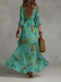 Vestido Estampado Verde Hierba con gasa, volantes y abertura - Verde Hierba