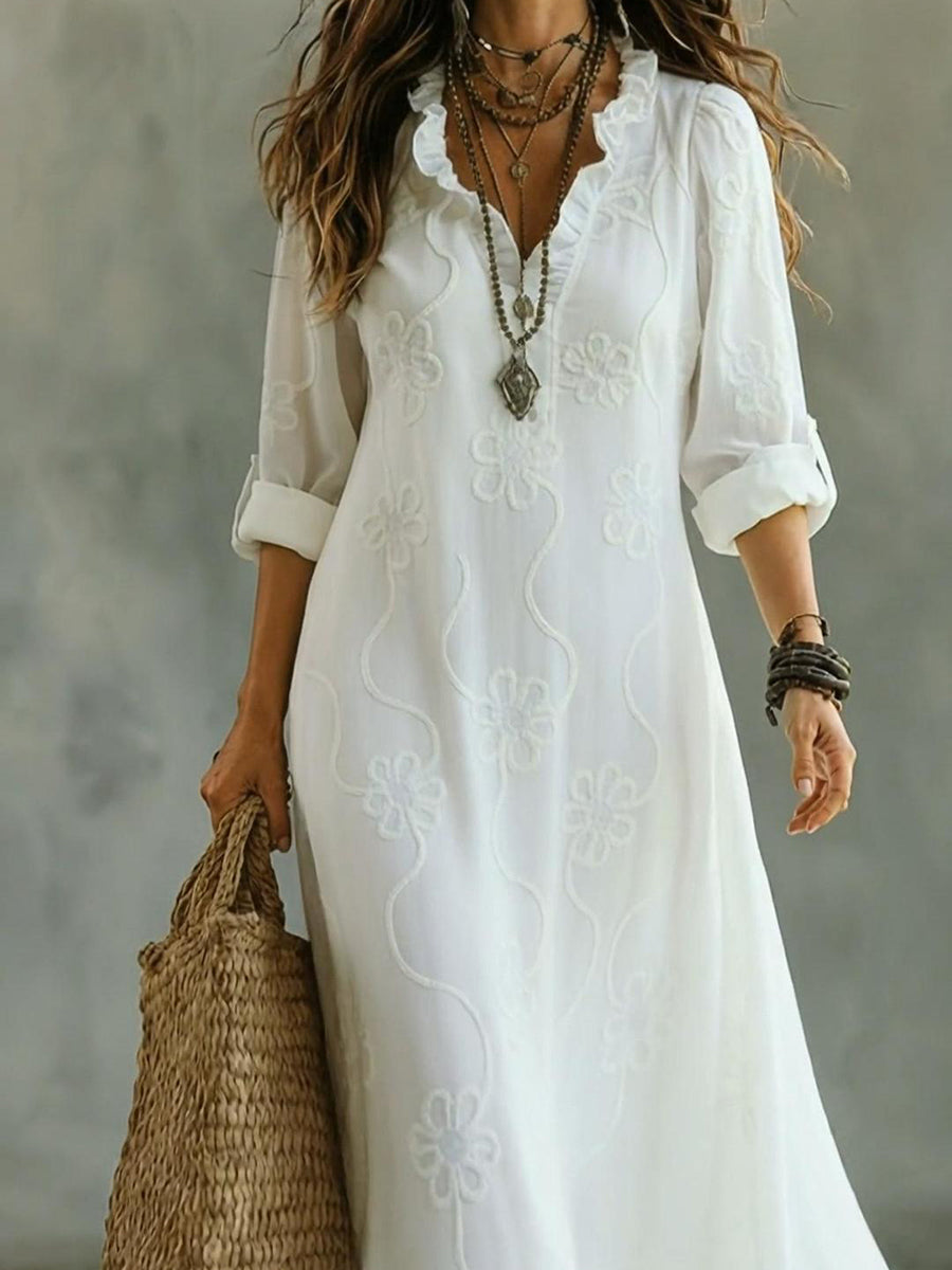 Vestido Midi Elegante con estampado floral y volantes - Blanco