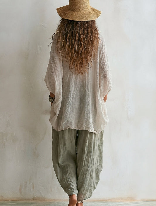 Conjunto de Dos Piezas Casual Beige Corte Holgado con algodón y lino - Beige