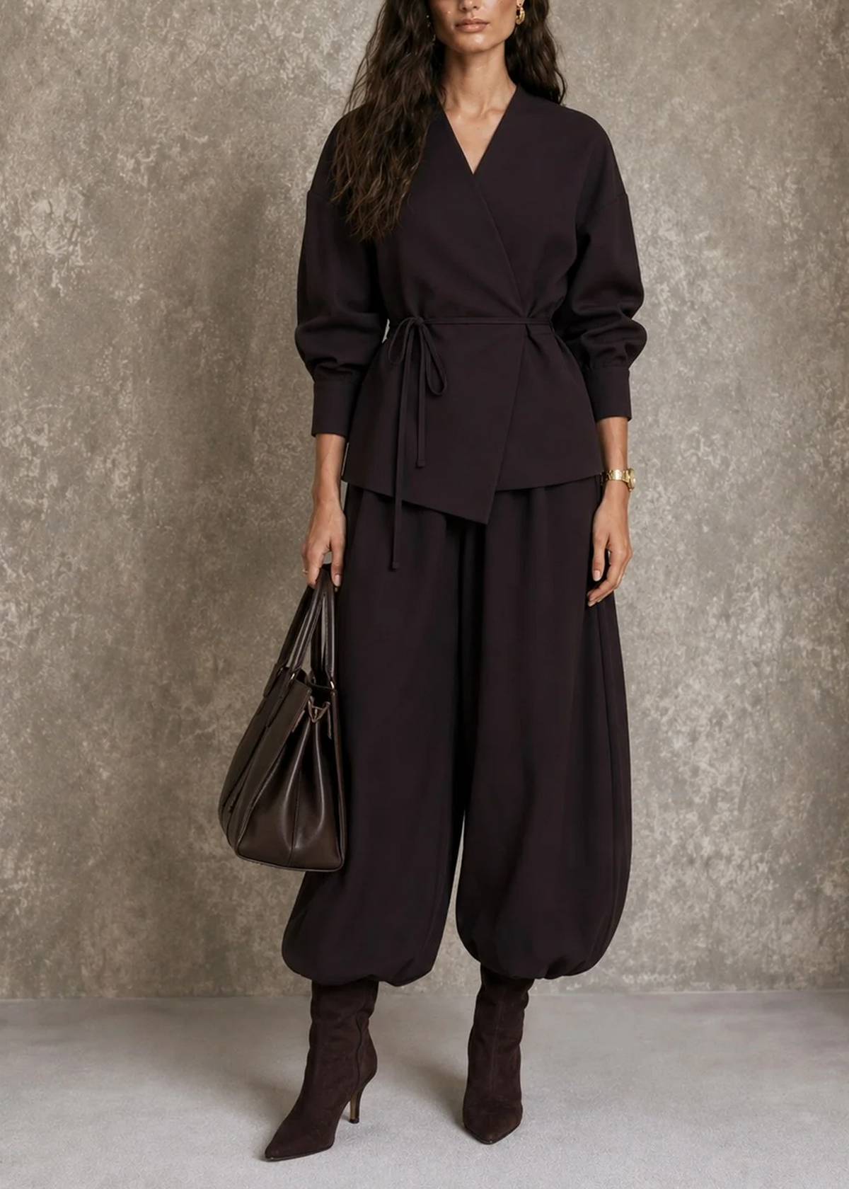 Conjunto de Pantalón Casual Marrón Oscuro Corte Holgado con escote en V - Marrón Oscuro
