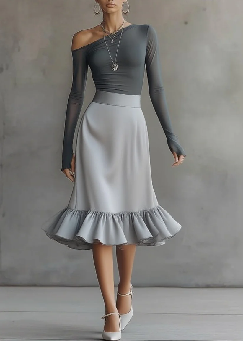 Conjunto Gris Manga Larga con un solo hombro y volante - Gris