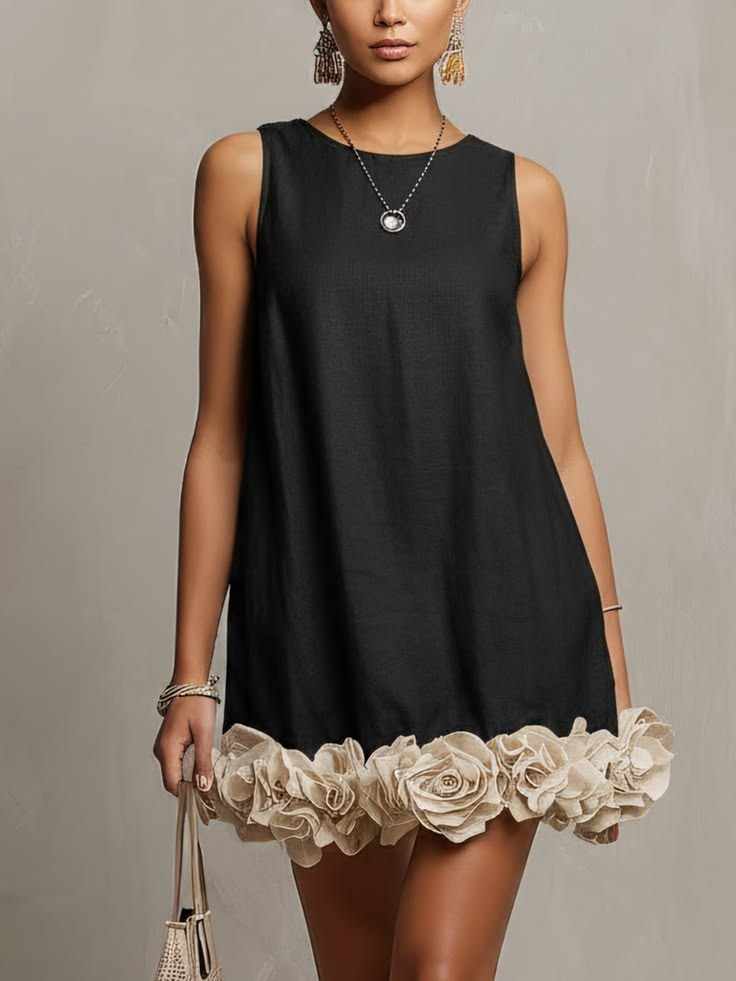 Minivestido Negro Sin Mangas con flores en 3D - Negro