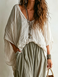 Conjunto de Dos Piezas Casual Beige Corte Holgado con algodón y lino - Beige