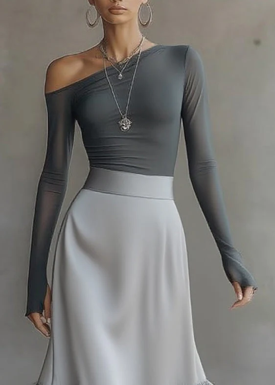 Conjunto Gris Manga Larga con un solo hombro y volante - Gris