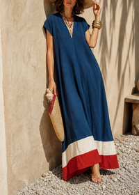 Vestido Largo Casual Azul Corte Holgado con escote en V - Azul