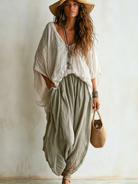 Conjunto de Dos Piezas Casual Beige Corte Holgado con algodón y lino - Beige
