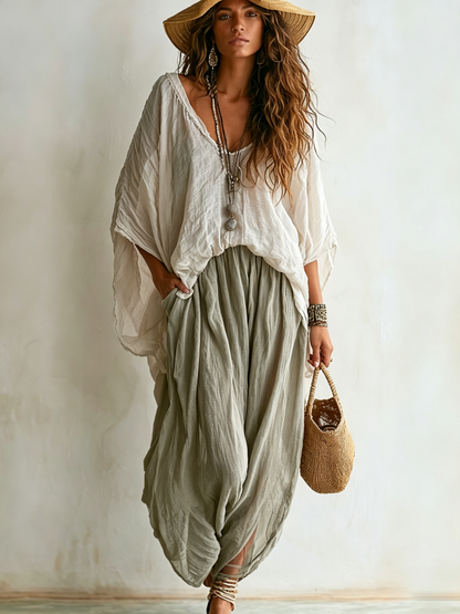 Conjunto de Dos Piezas Casual Beige Corte Holgado con algodón y lino - Beige