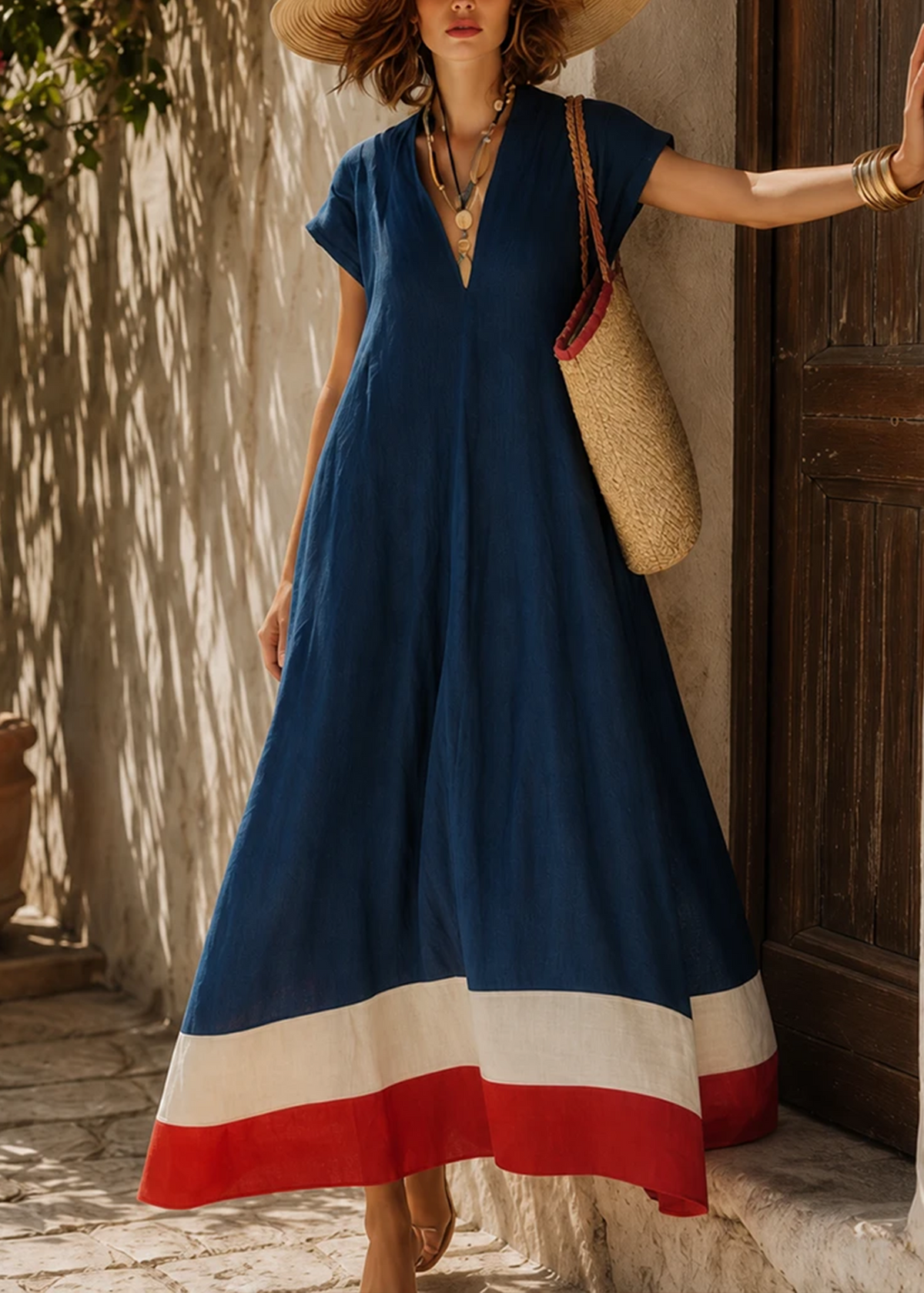 Vestido Largo Casual Azul Corte Holgado con escote en V - Azul
