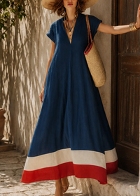 Vestido Largo Casual Azul Corte Holgado con escote en V - Azul
