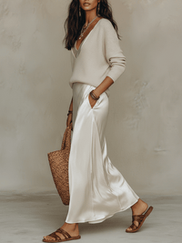 Conjunto de Falda Elegante con punto y satén - Marfil