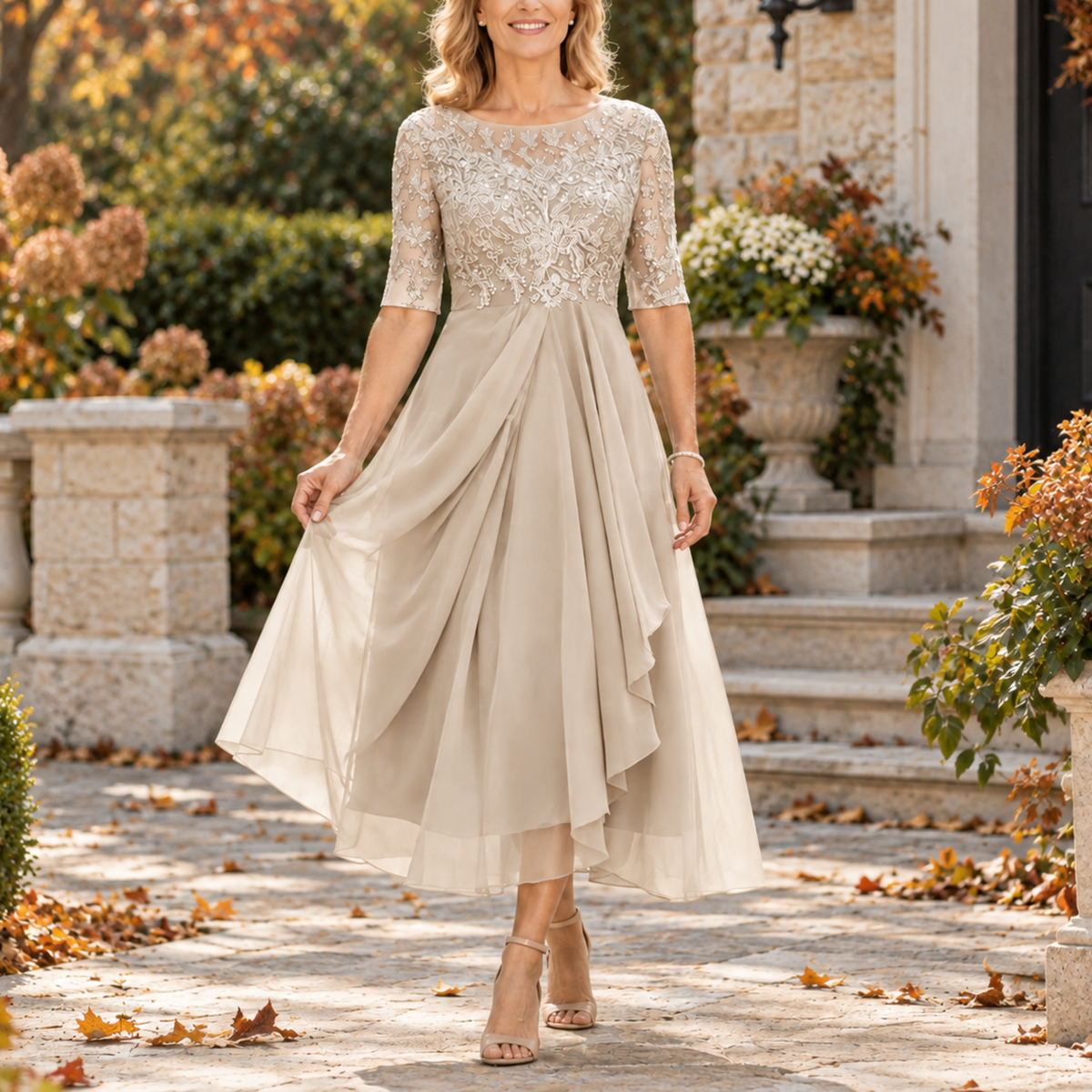 Bianca | Lace Bodice Draped Midi Dress