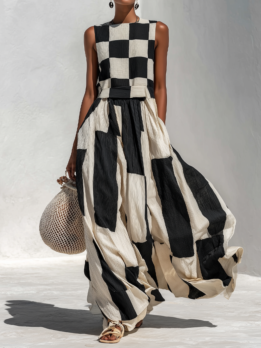 Vestido Blanco y Negro Sin Mangas - Blanco y Negro