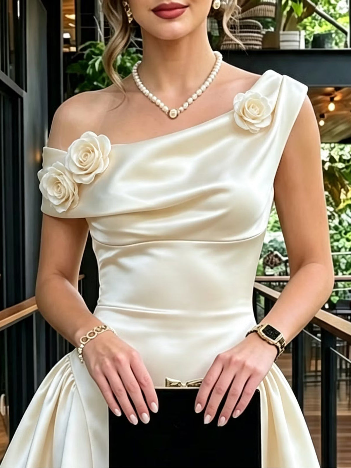 Vestido Estampado Blanco con corte asimétrico, drapeado, flores en 3D y satén - Blanco