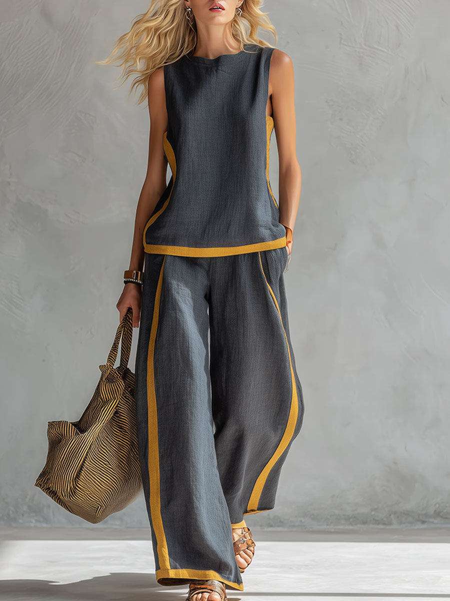Conjunto de Pantalón Casual Sin Mangas con escote redondo y pierna ancha - Gris