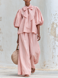 Conjunto de Pantalón Rosa con lino, lazo, manga abullonada y pierna ancha - Rosa