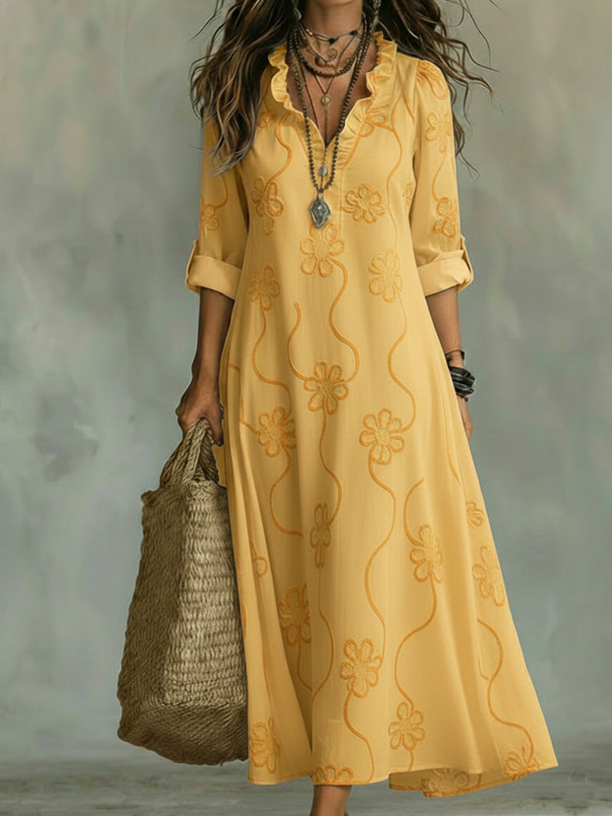 Vestido Midi Elegante con estampado floral y volantes - Negro