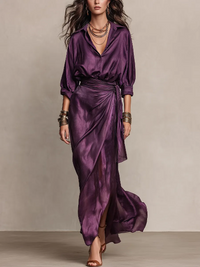 Vestido Morado con satén, cruzado y drapeado - Morado