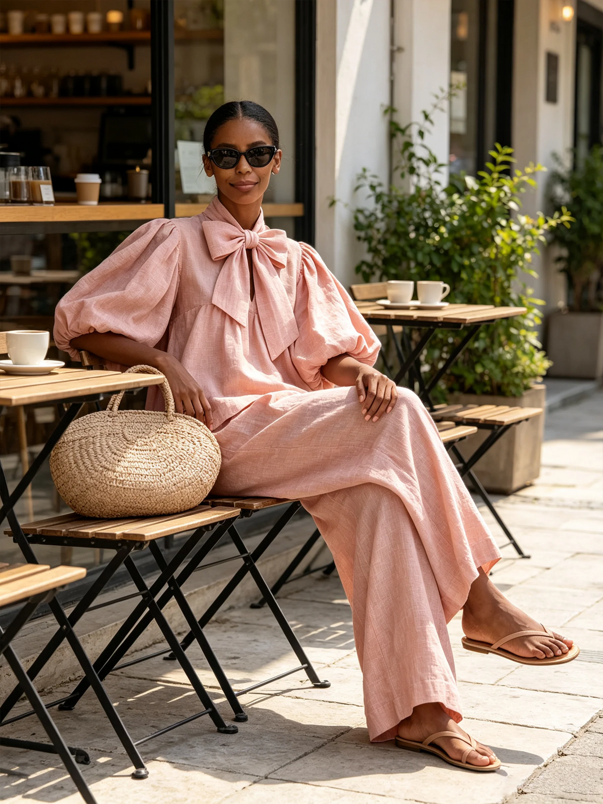 Conjunto de Pantalón Rosa con lino, lazo, manga abullonada y pierna ancha - Rosa