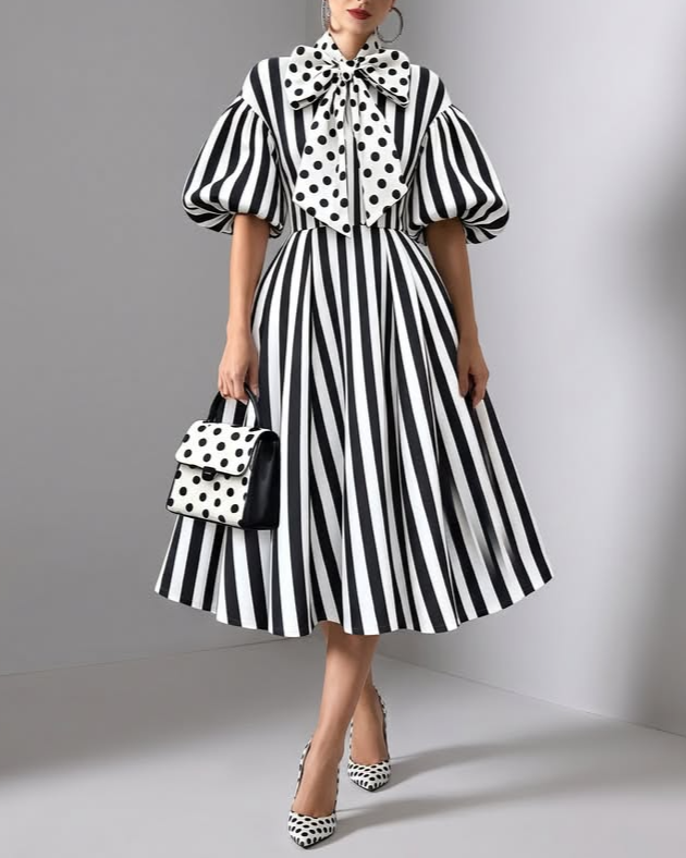 Vestido Midi Blanco con a rayas, lunares y lazo - Blanco