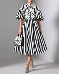 Vestido Midi Blanco con a rayas, lunares y lazo - Blanco