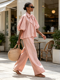 Conjunto de Pantalón Rosa con lino, lazo, manga abullonada y pierna ancha - Rosa