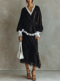 Conjunto de Falda Negro con satén y remate de encaje - Negro