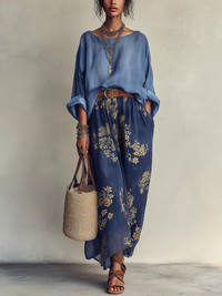 Conjunto de Dos Piezas Azul Marino Oversize con estampado floral - Azul Marino