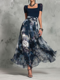 Vestido Midi Elegante Azul con estampado floral, escote cuadrado y cinturón - Azul