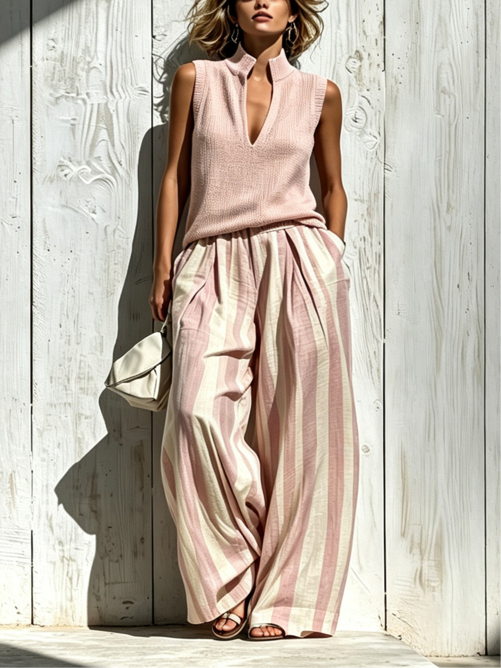 Conjunto Casual Rosa Sin Mangas con a rayas - Rosa