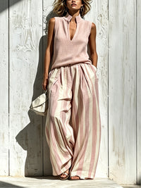 Conjunto Casual Rosa Sin Mangas con a rayas - Rosa