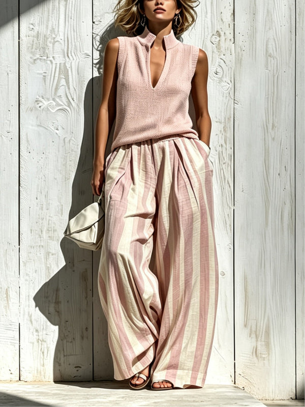 Conjunto Casual Rosa Sin Mangas con a rayas - Rosa