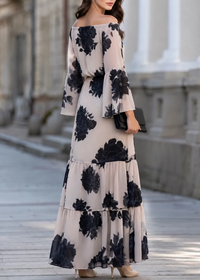 Vestido Largo Elegante Beige con hombros descubiertos, volante y estampado - Beige
