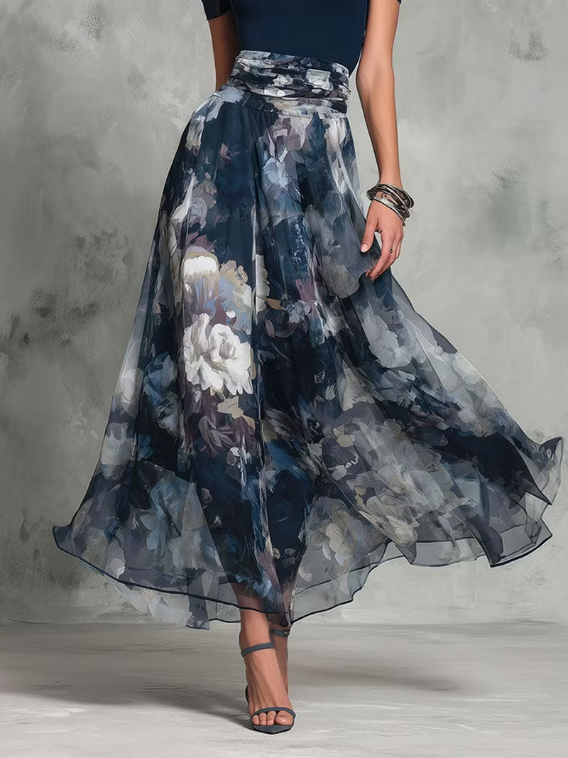 Vestido Midi Elegante Azul con estampado floral, escote cuadrado y cinturón - Azul