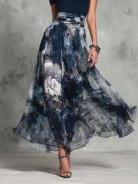Vestido Midi Elegante Azul con estampado floral, escote cuadrado y cinturón - Azul