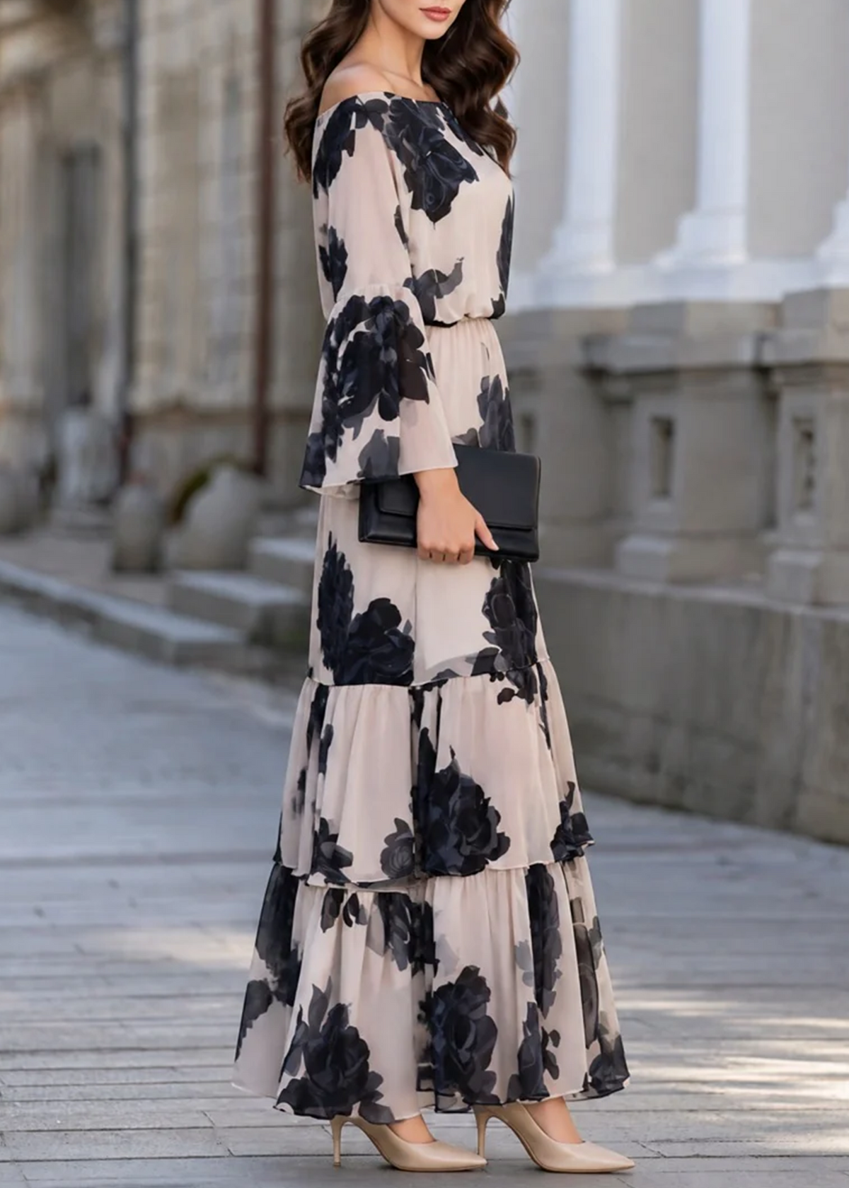 Vestido Largo Elegante Beige con hombros descubiertos, volante y estampado - Beige