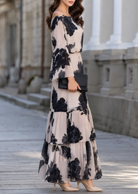 Vestido Largo Elegante Beige con hombros descubiertos, volante y estampado - Beige