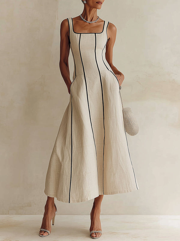 Vestido Largo Minimalista Albaricoque con a rayas y corte en A - Albaricoque