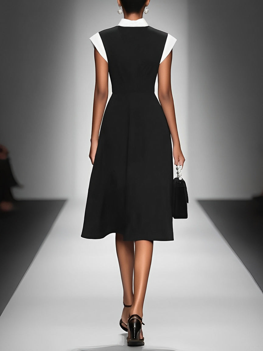 Vestido Midi Negro Colorblock con Cuello Cuadrado y Manga Corta