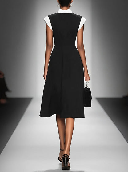 Vestido Midi Negro Colorblock con Cuello Cuadrado y Manga Corta