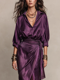 Vestido Morado con satén, cruzado y drapeado - Morado