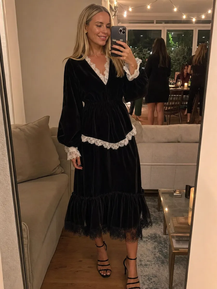 Conjunto de Falda Negro con satén y remate de encaje - Negro