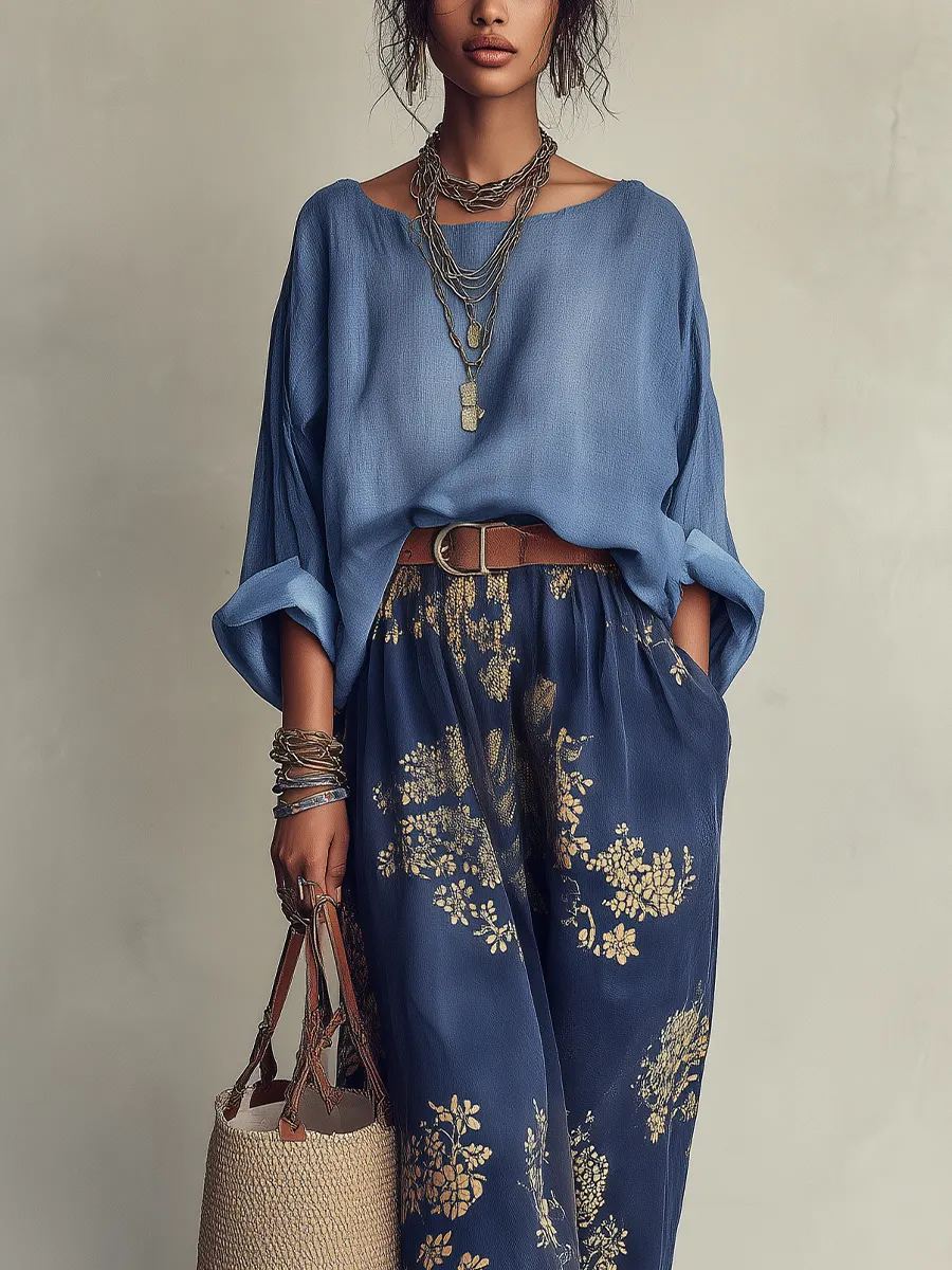 Conjunto de Dos Piezas Azul Marino Oversize con estampado floral - Azul Marino